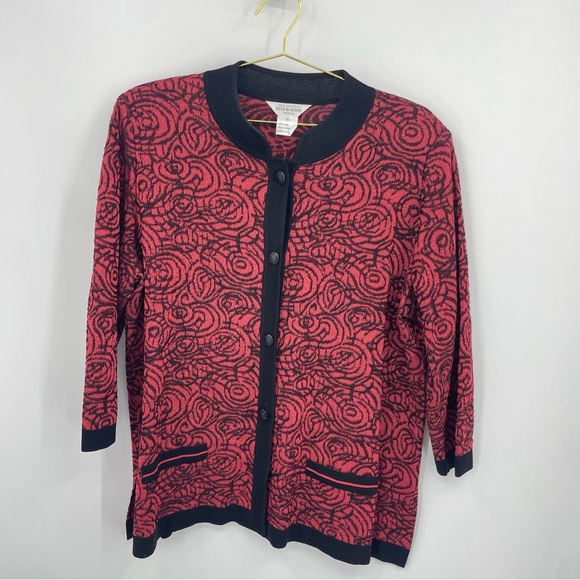 Exclusively Misook red rose black print button up knit cardigan sweater 2X - Picture 1 of 6